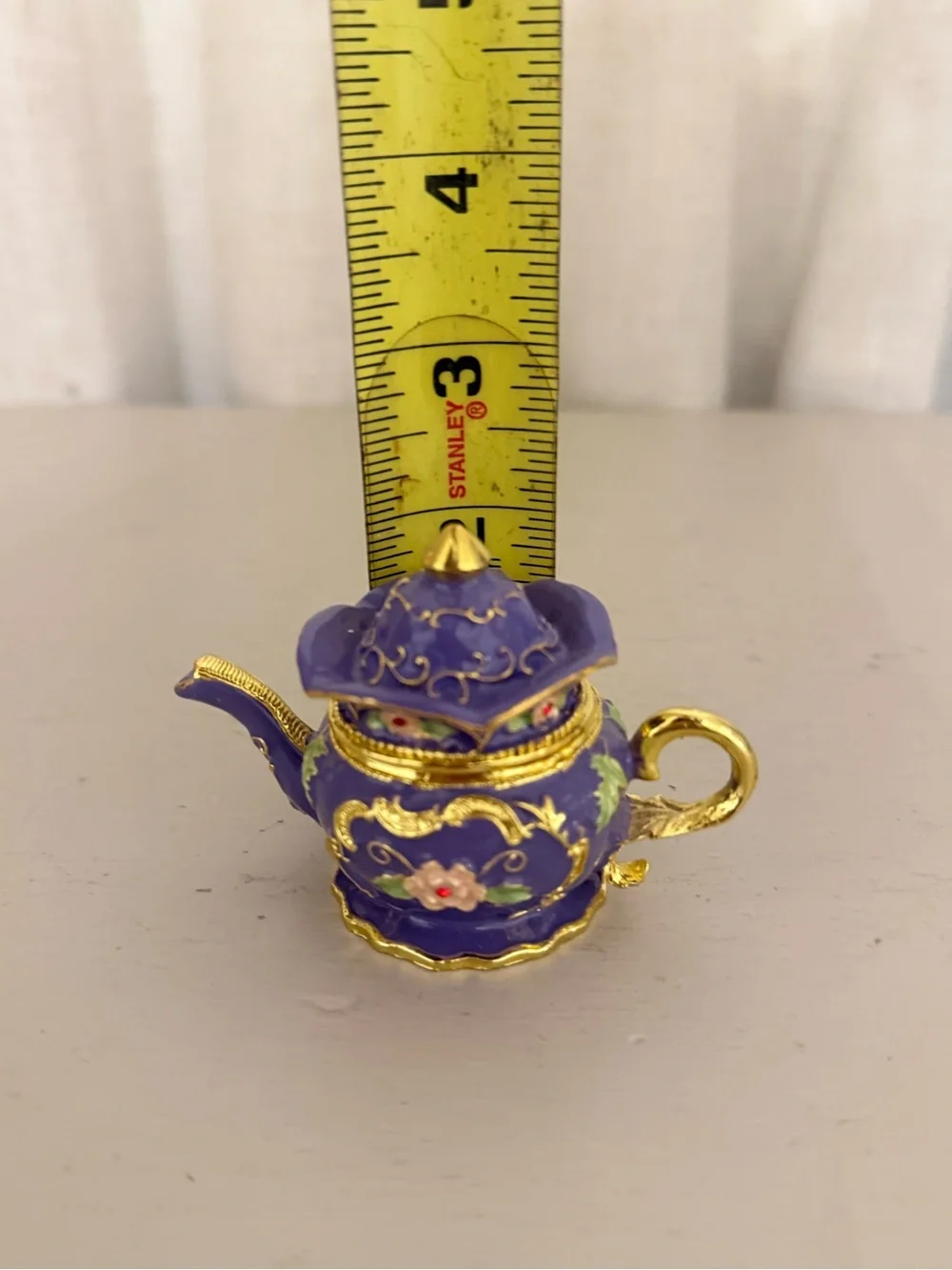 Bejeweled Purple Teapot Hinged Trinket Box Jeweled Enamel Miniature Ring Holder